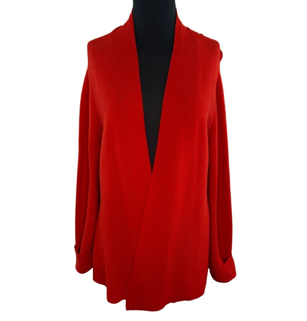 Eileen Fisher Red Organic Cotton Long Sleeve Open Front Sweater Coat Cardigan L